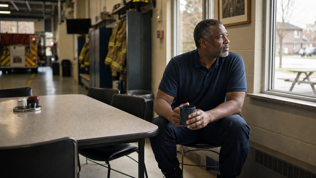 A firefighter pausing for a quiet moment of reflection.