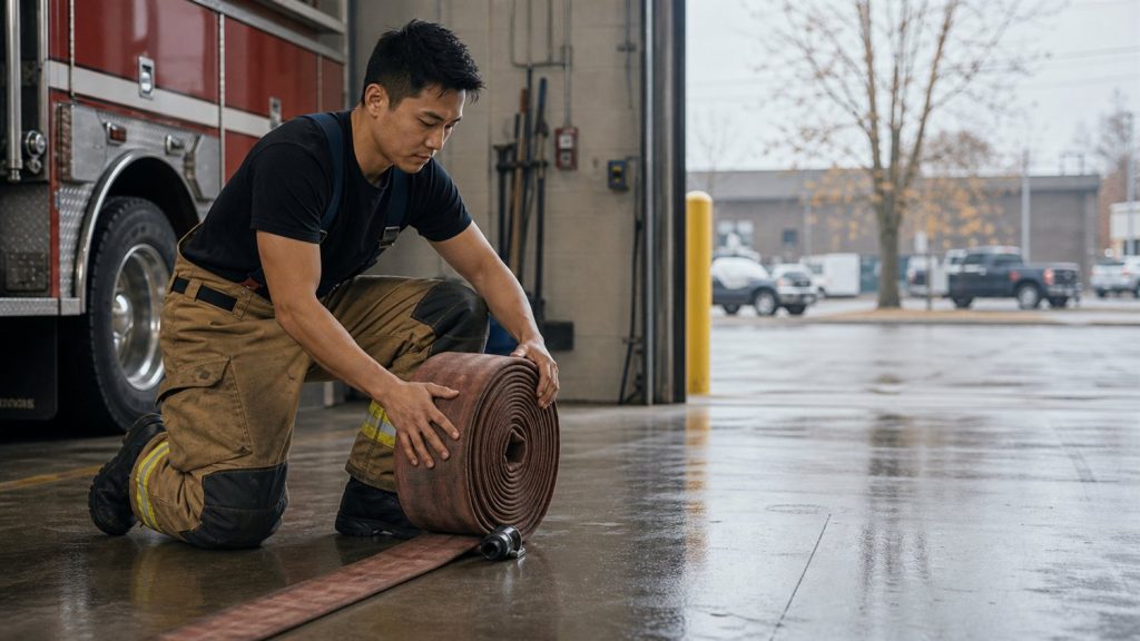 A firefighter standing in a fire station apparatus bay.