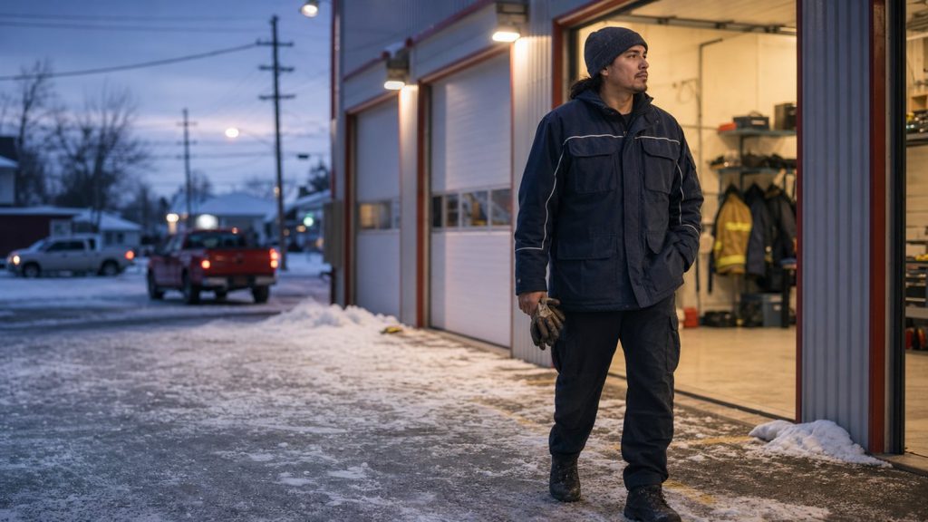 A volunteer firefighter standing outdoors on a winter day.