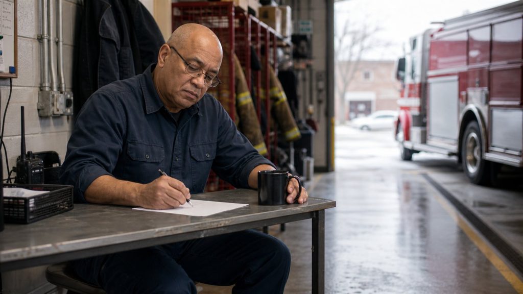 An experienced firefighter at the end of a shift.