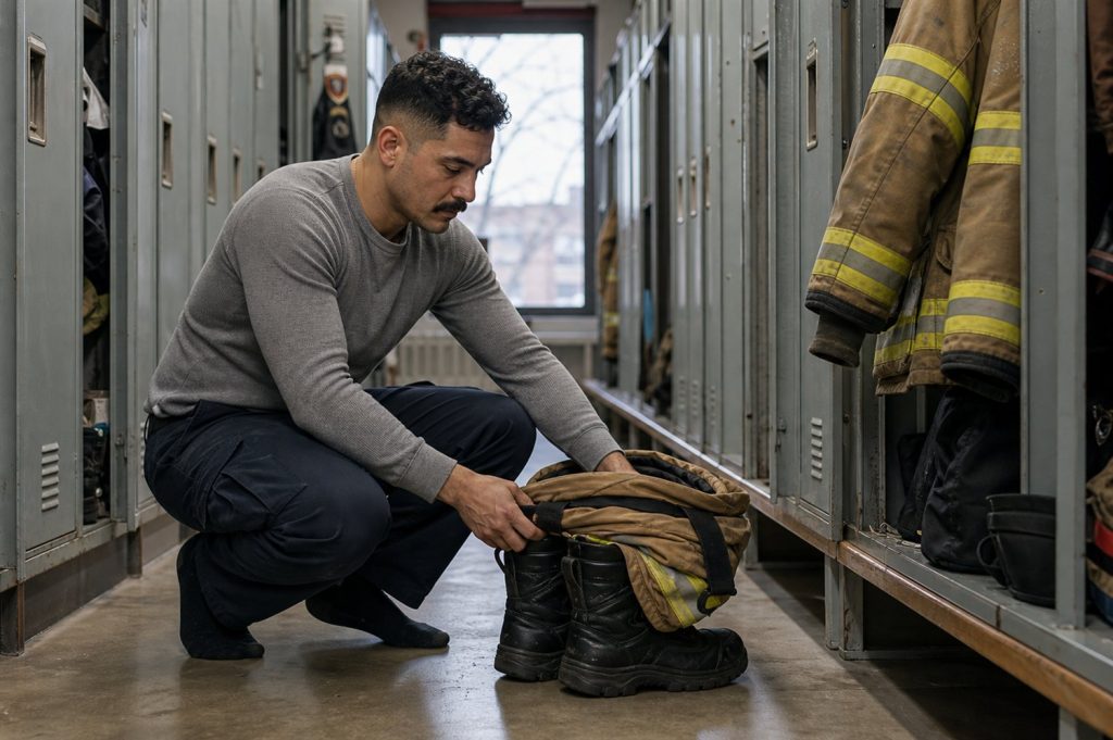 A firefighter in turnout gear during a daily routine.