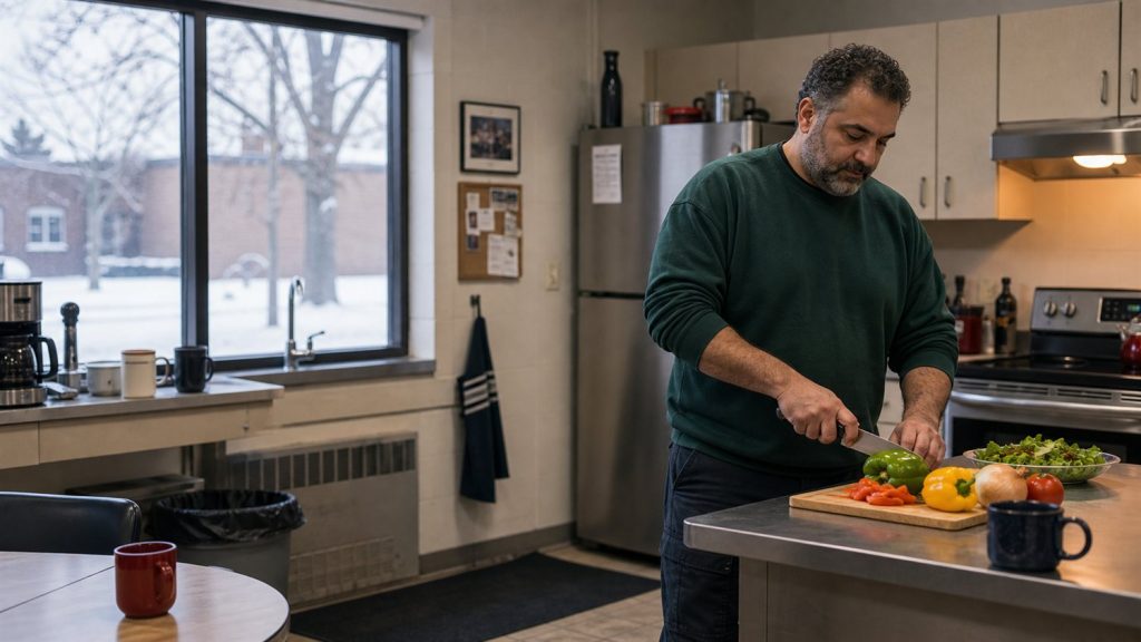 A firefighter taking a break in the fire station kitchen.