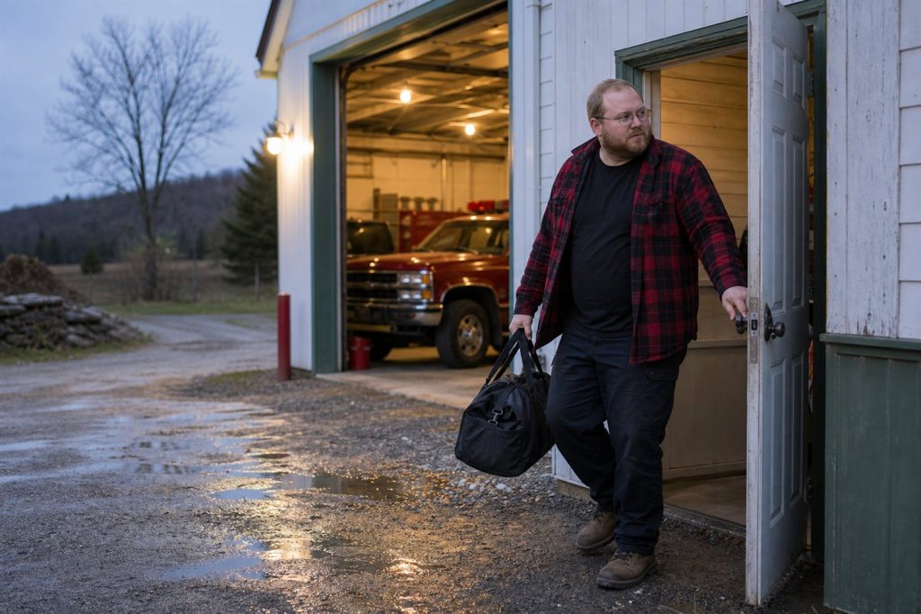 A rural volunteer firefighter standing outdoors.