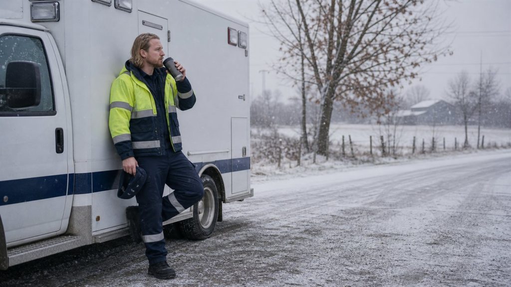 A paramedic pausing during a break on a snowy rural road.