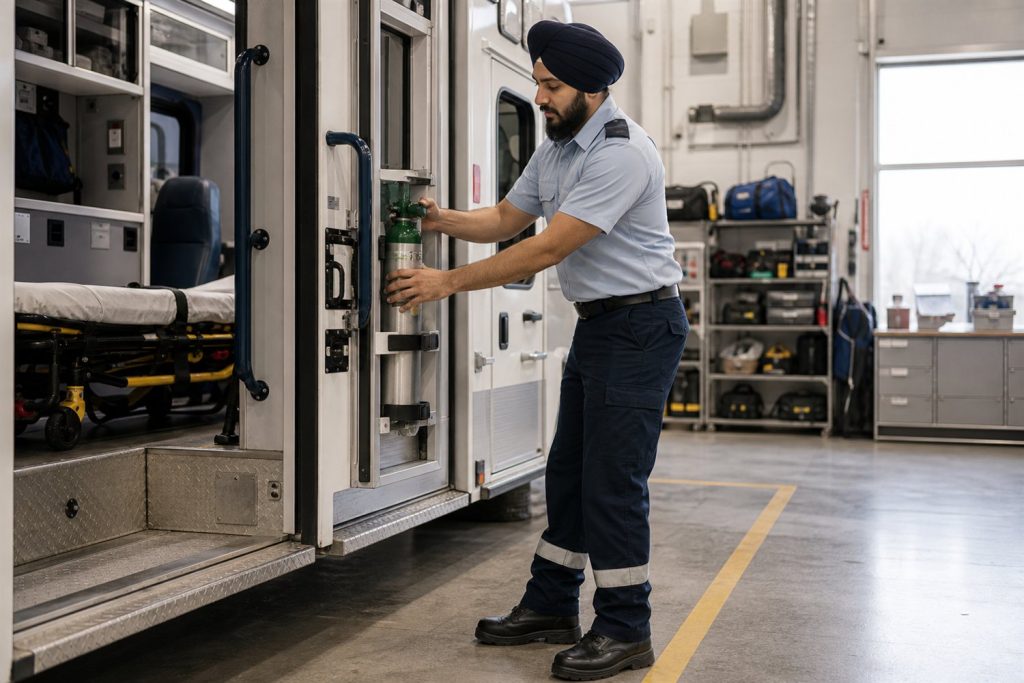 A paramedic standing in an ambulance bay.