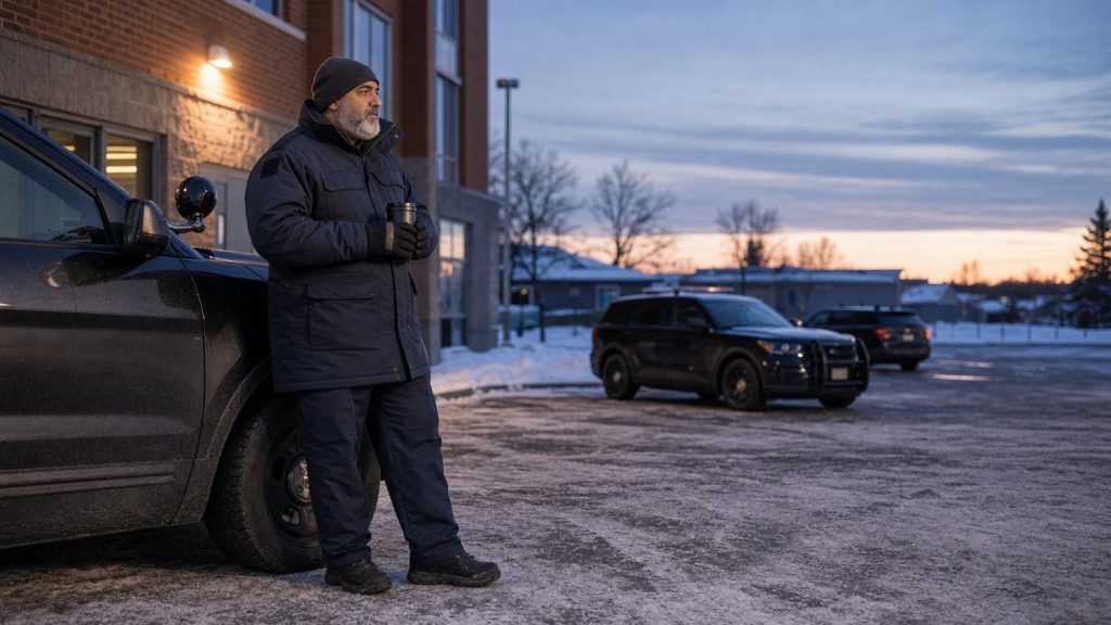 A police officer standing outside a station on a winter day.