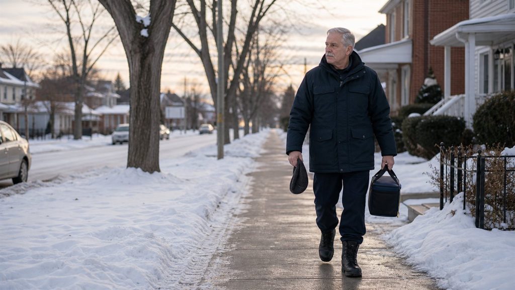 A long-serving police officer walking home after a shift.