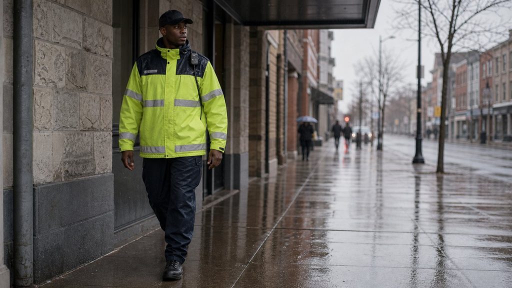 A police officer on patrol in the rain.