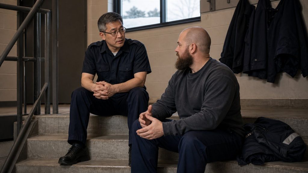Two police officers offering each other peer support.
