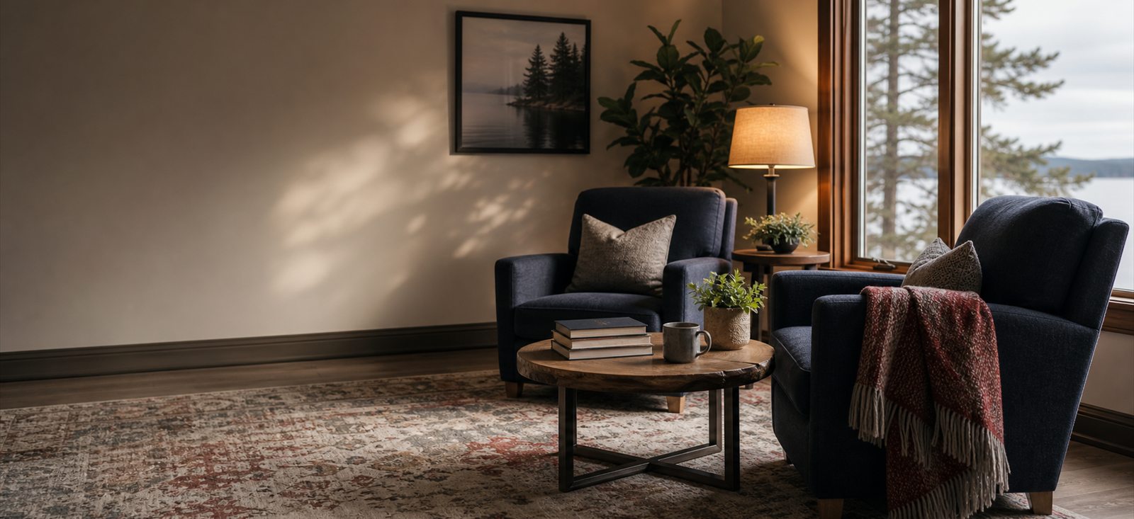 Warm, quiet therapy room with armchairs and soft natural light by a window