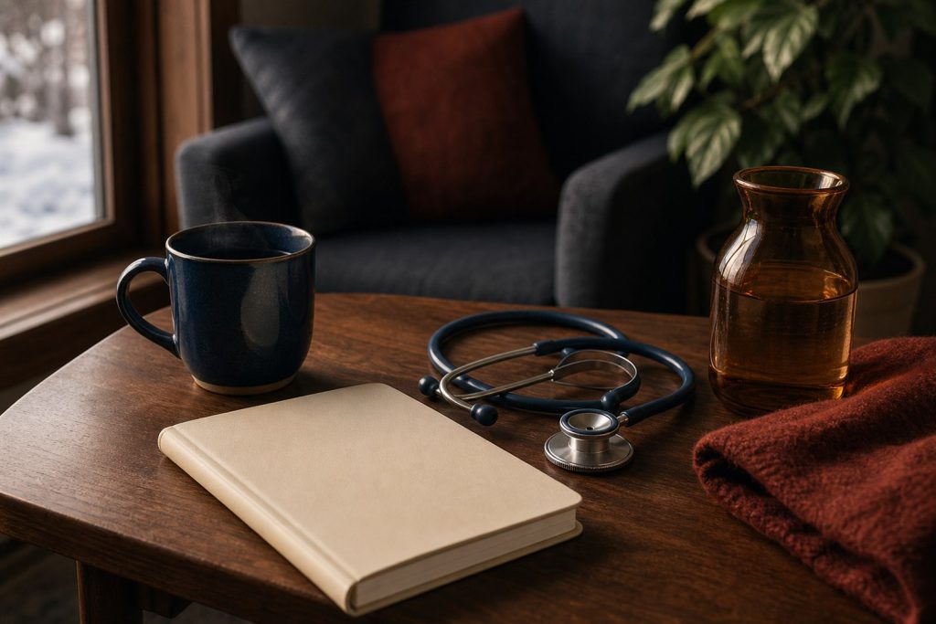 A quiet desk with a journal, a warm drink, and a stethoscope by a window.