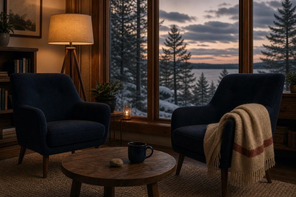 Two comfortable chairs by a window overlooking a calm winter lake at dusk.
